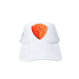 Tesla Bean Racing Trucker Hat Orange on White