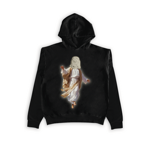 Jesus Xhrist Full Body Greyscale Print Seamless Hoodie Black